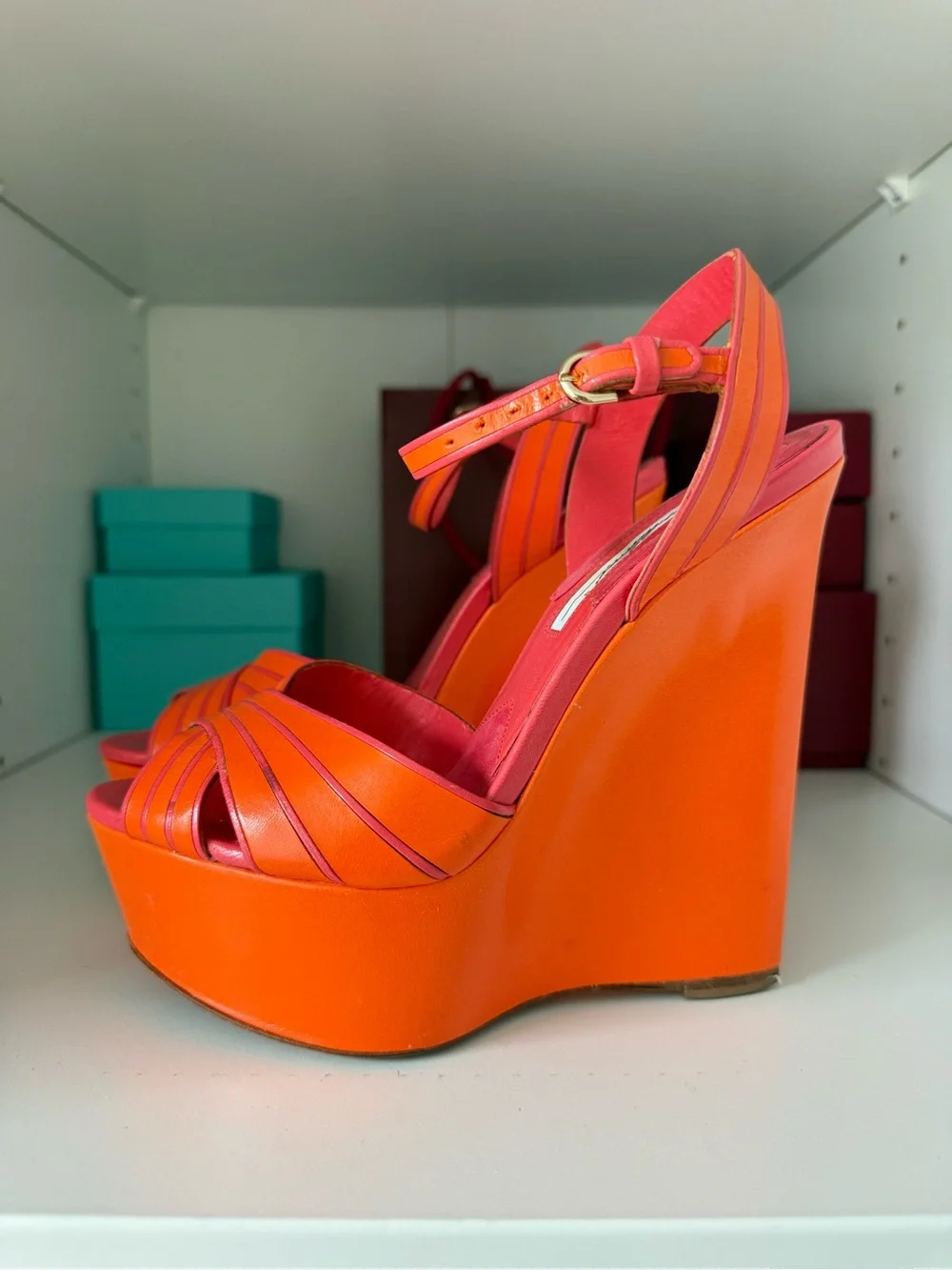 Brian Atwood Orange and Pink Platform Wedge Sandals